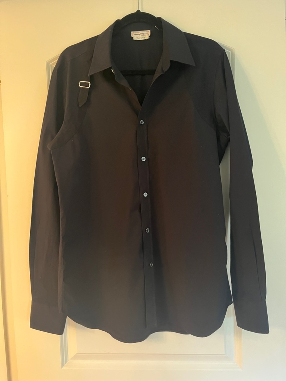 Alexander McQueen men’s Black Long-Sleeve Dress Shirt with Buckle Detail